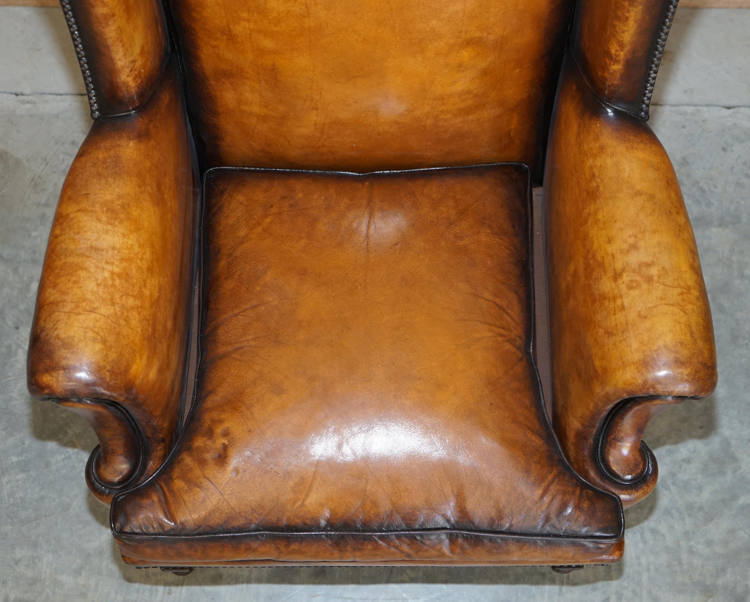 Fine Pair of Restored 1880 William & Mary Style Brown Leather Wingback Armchairs 12