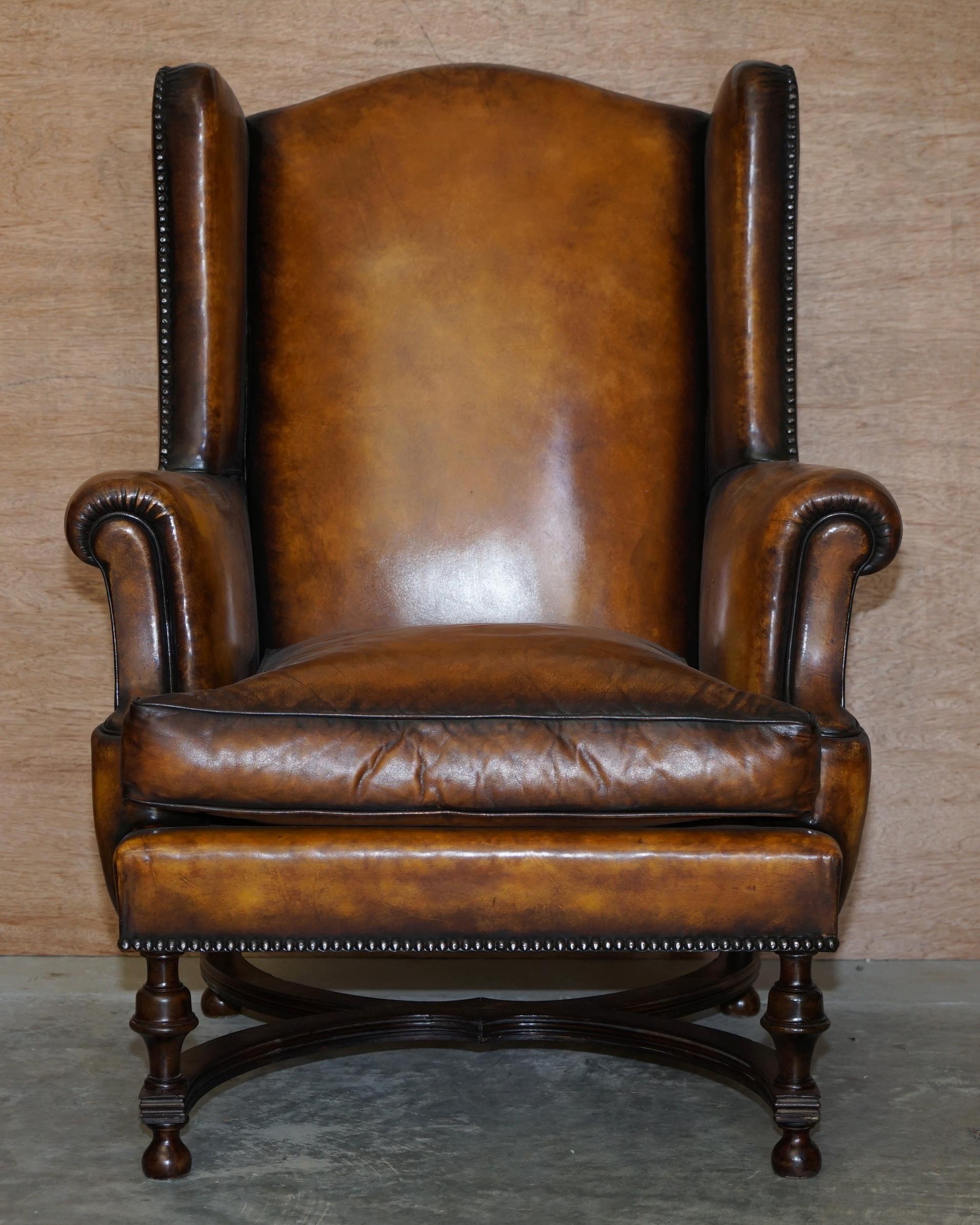 William and Mary Fine Pair of Restored 1880 William & Mary Style Brown Leather Wingback Armchairs