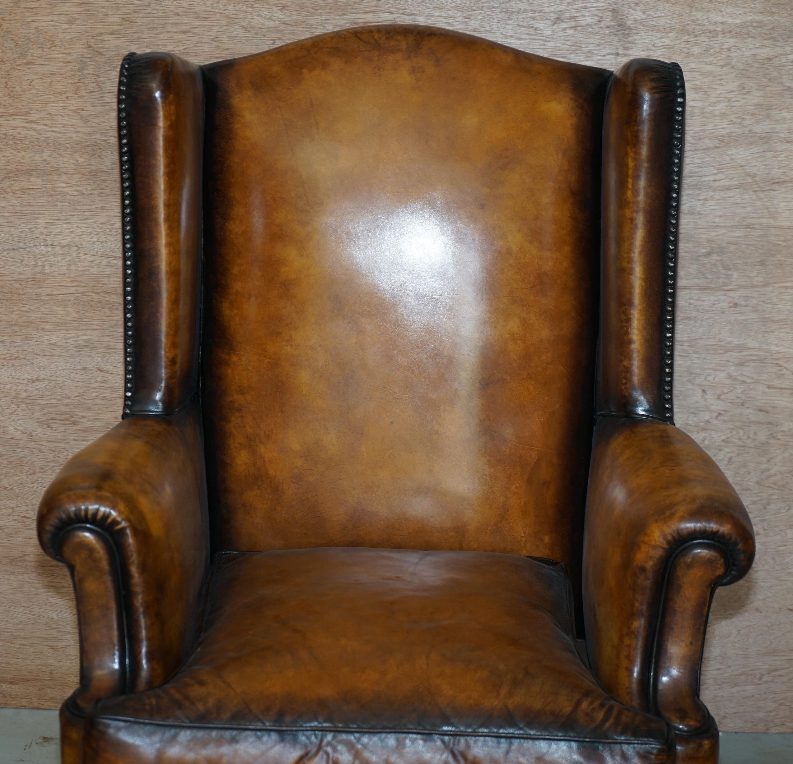 English Fine Pair of Restored 1880 William & Mary Style Brown Leather Wingback Armchairs