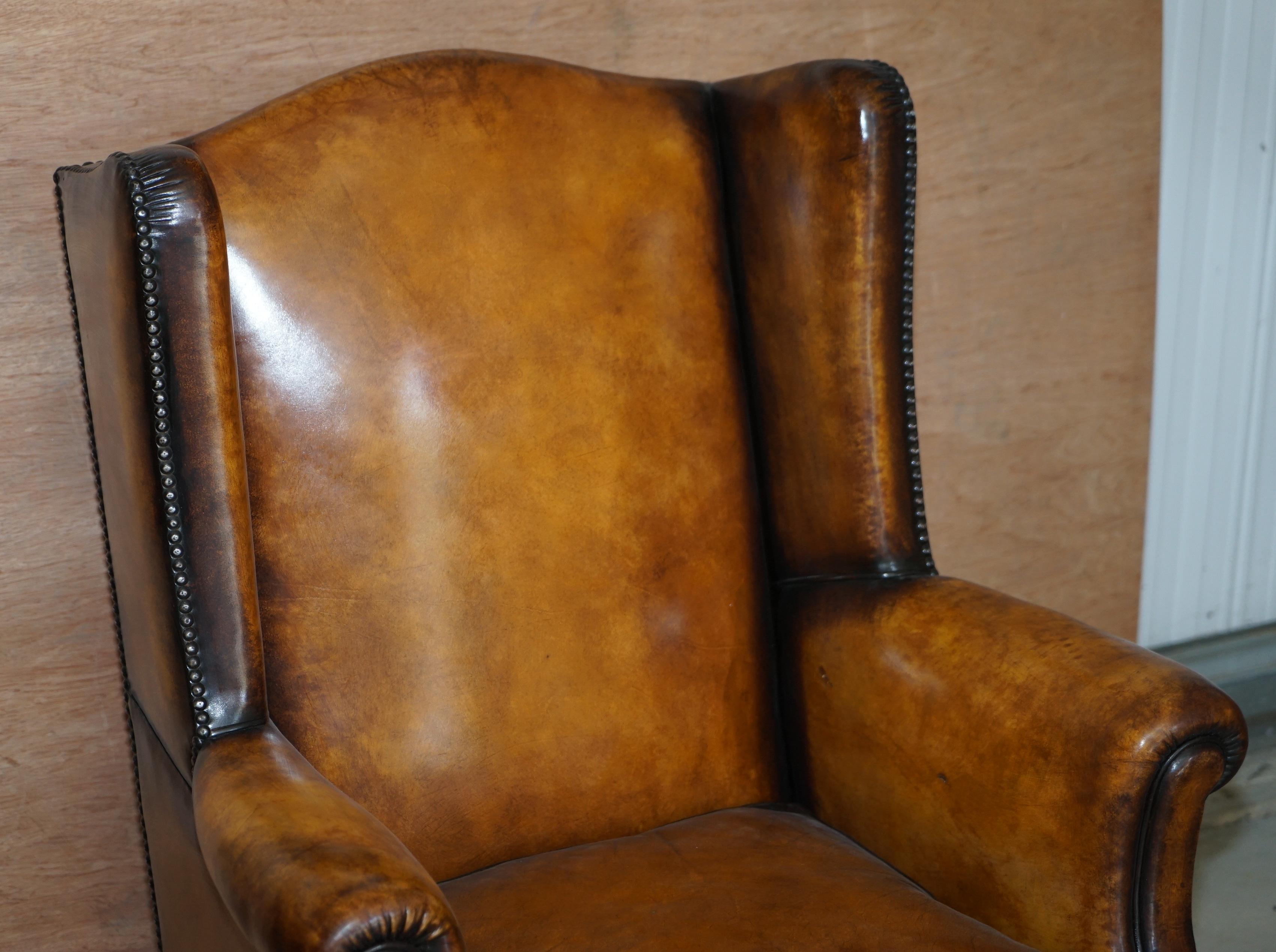 Hand-Crafted Fine Pair of Restored 1880 William & Mary Style Brown Leather Wingback Armchairs