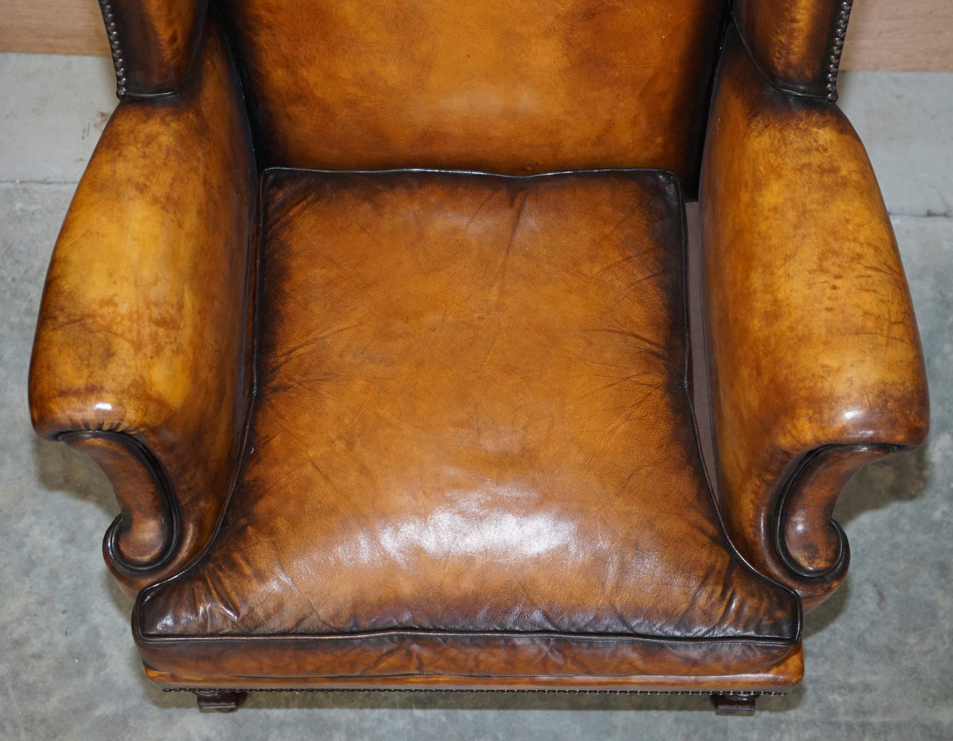 Late 19th Century Fine Pair of Restored 1880 William & Mary Style Brown Leather Wingback Armchairs