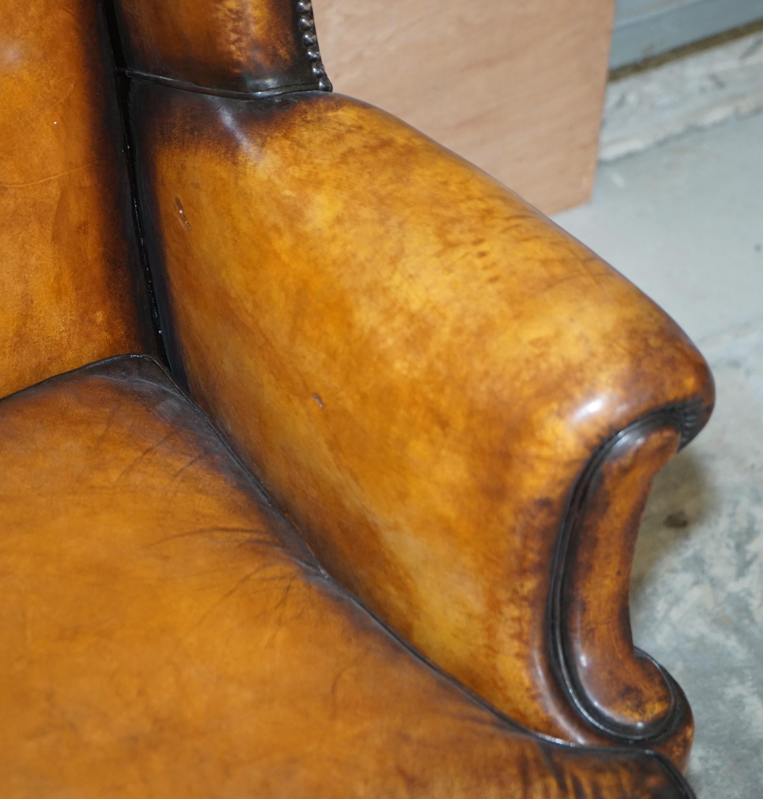 Fine Pair of Restored 1880 William & Mary Style Brown Leather Wingback Armchairs 1