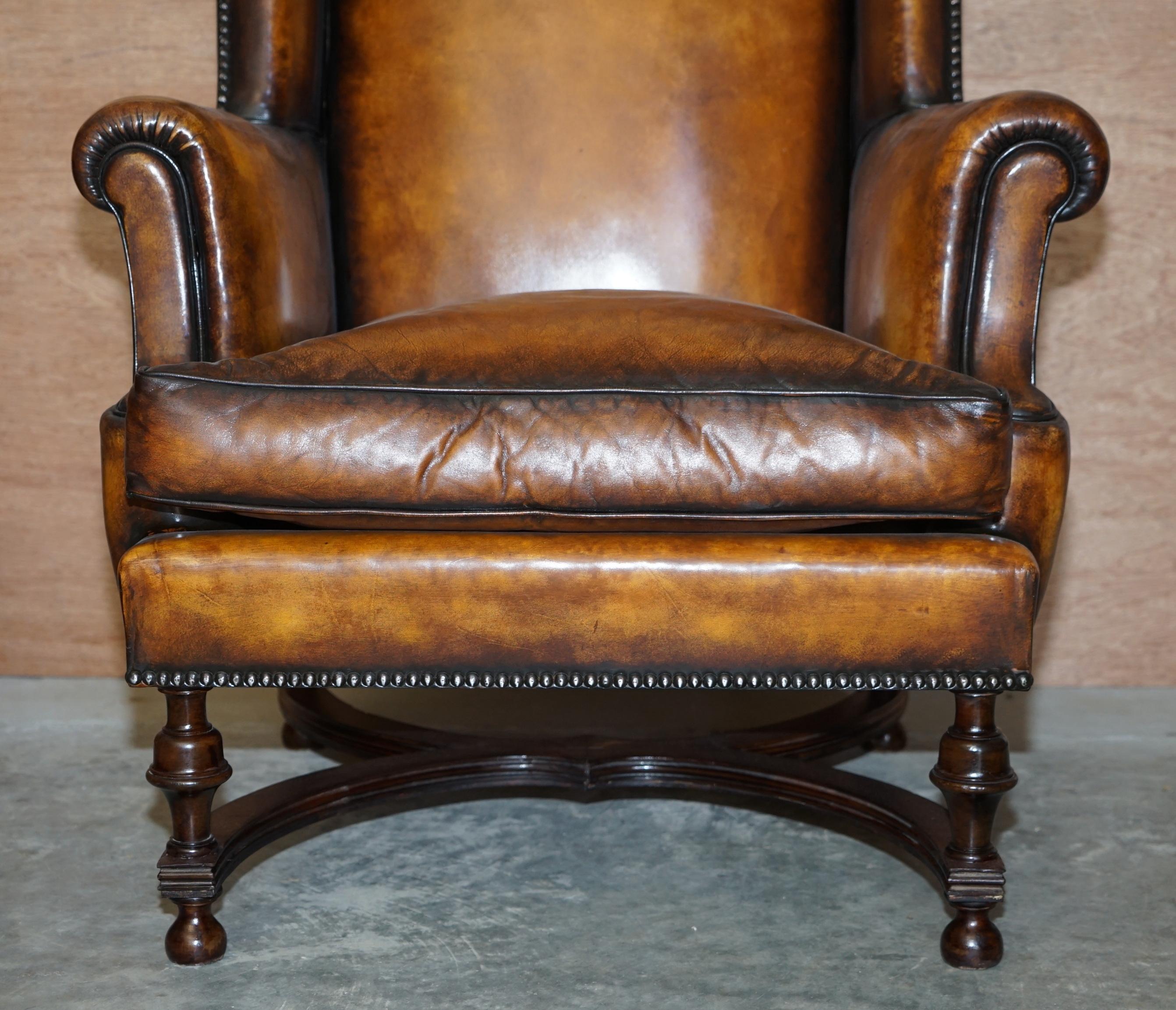 Fine Pair of Restored 1880 William & Mary Style Brown Leather Wingback Armchairs 2