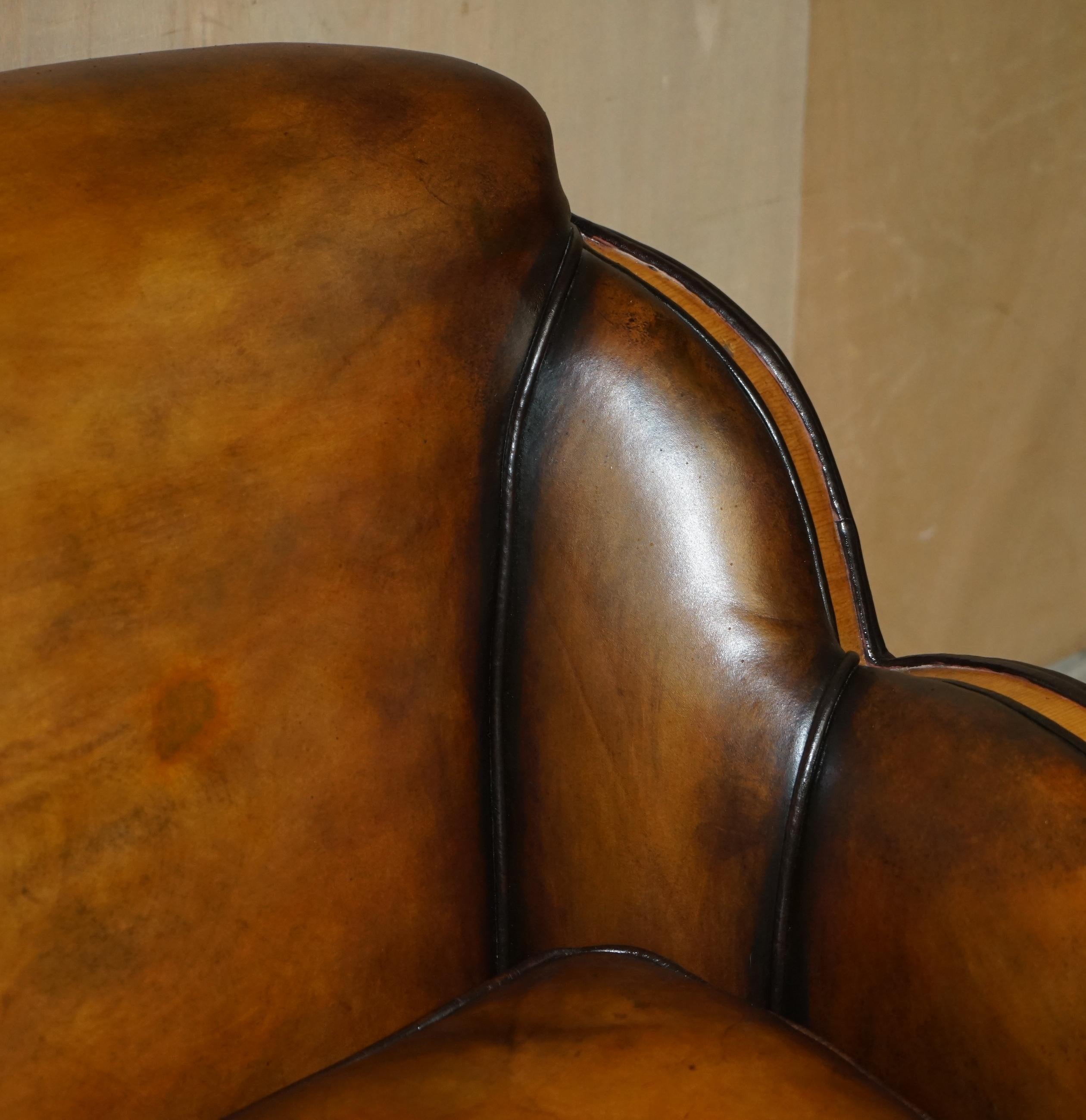 Fine Pair of Restored Art Deco Harry & Lou Epstein Hand Dyed Brown Leather Sofas 2