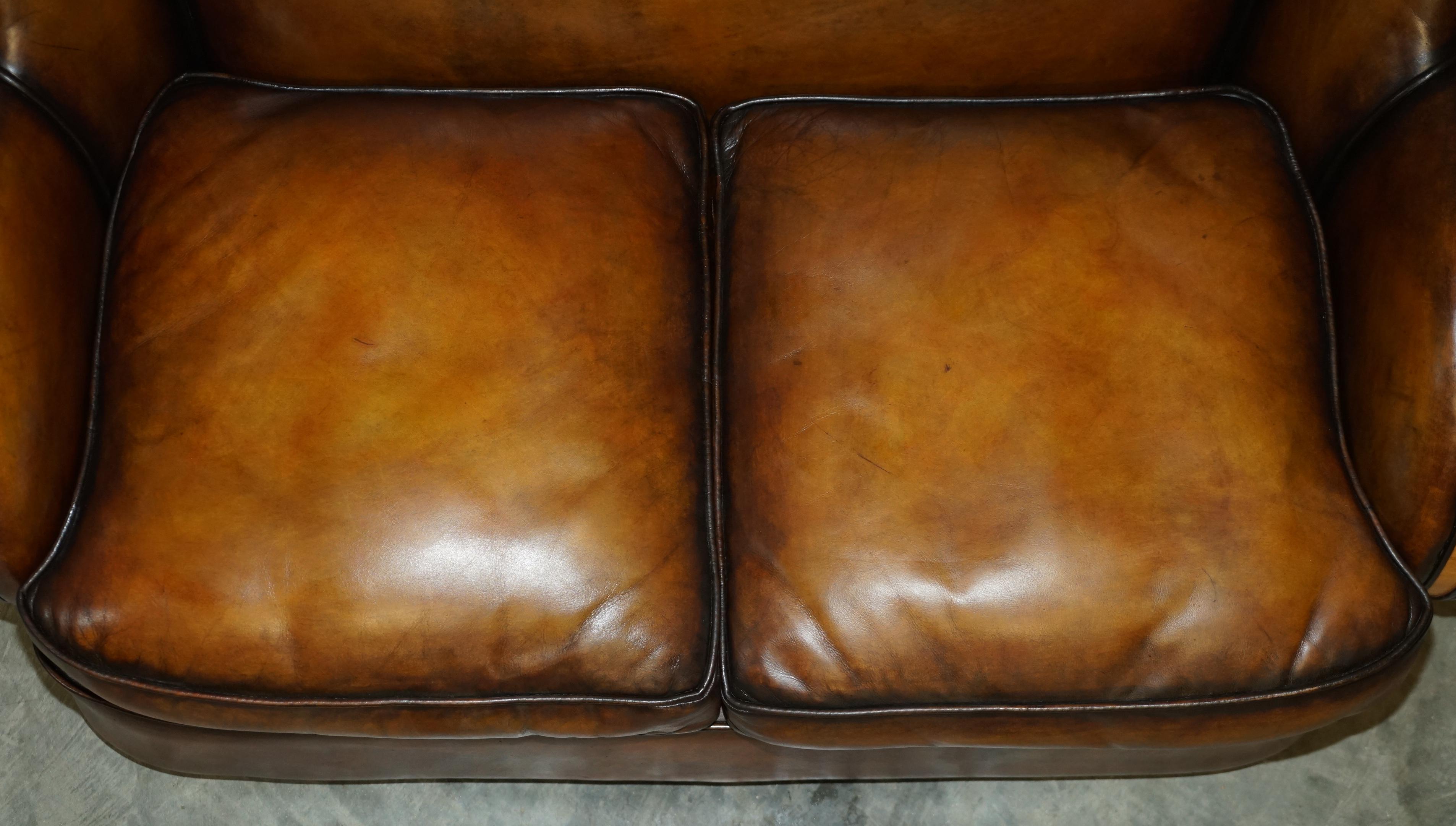 Fine Pair of Restored Art Deco Harry & Lou Epstein Hand Dyed Brown Leather Sofas 4