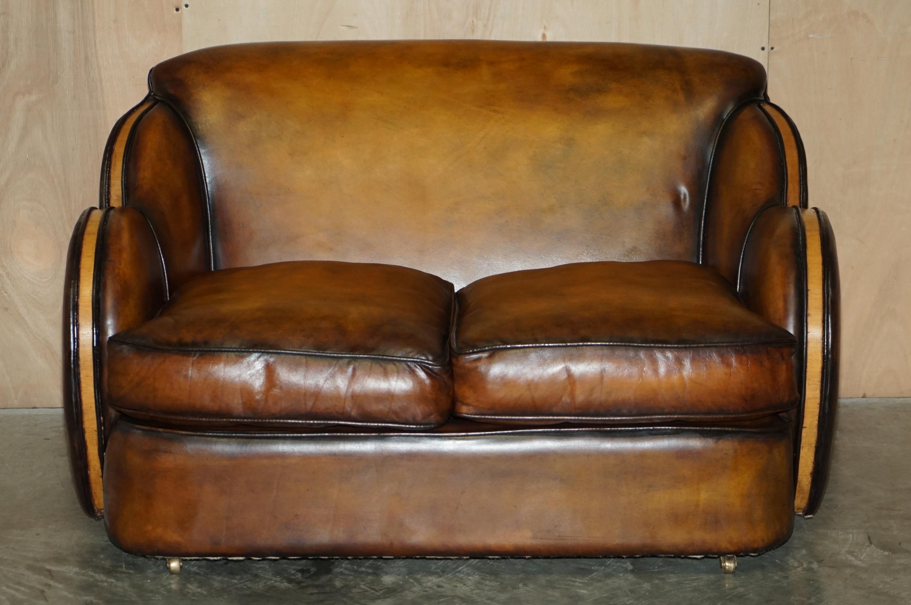 Fine Pair of Restored Art Deco Harry & Lou Epstein Hand Dyed Brown Leather Sofas 8