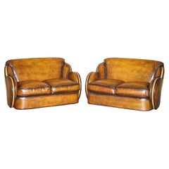 Fine Pair of Restored Art Deco Harry & Lou Epstein Hand Dyed Brown Leather Sofas