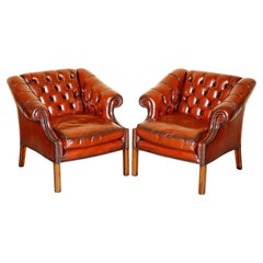 FINE PAIR OF RESTORED CHESTERFIELD LUTYENS VICEROY BROWN LEATHER CLUB ARMCHAIRs