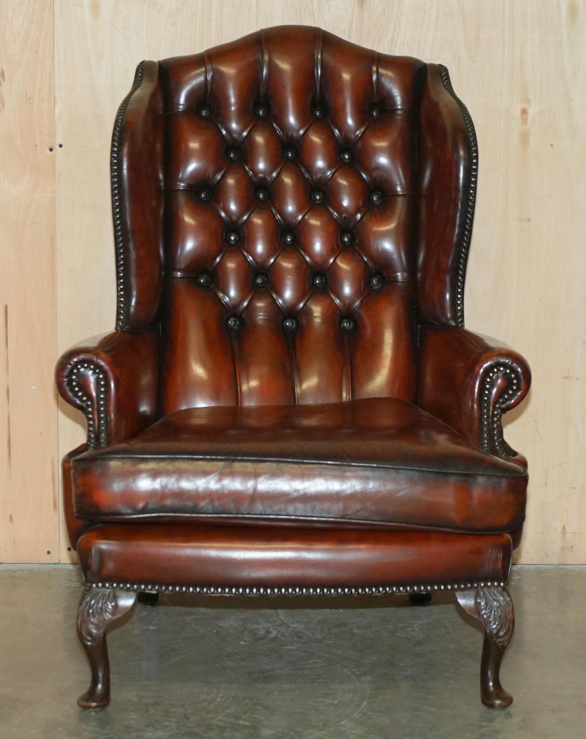 Chesterfield FINE PAIR OF RESTORED HAND DYED BORDEAUX LEATHER CHESTERFIELD WINGBACK ARMCHAIRs