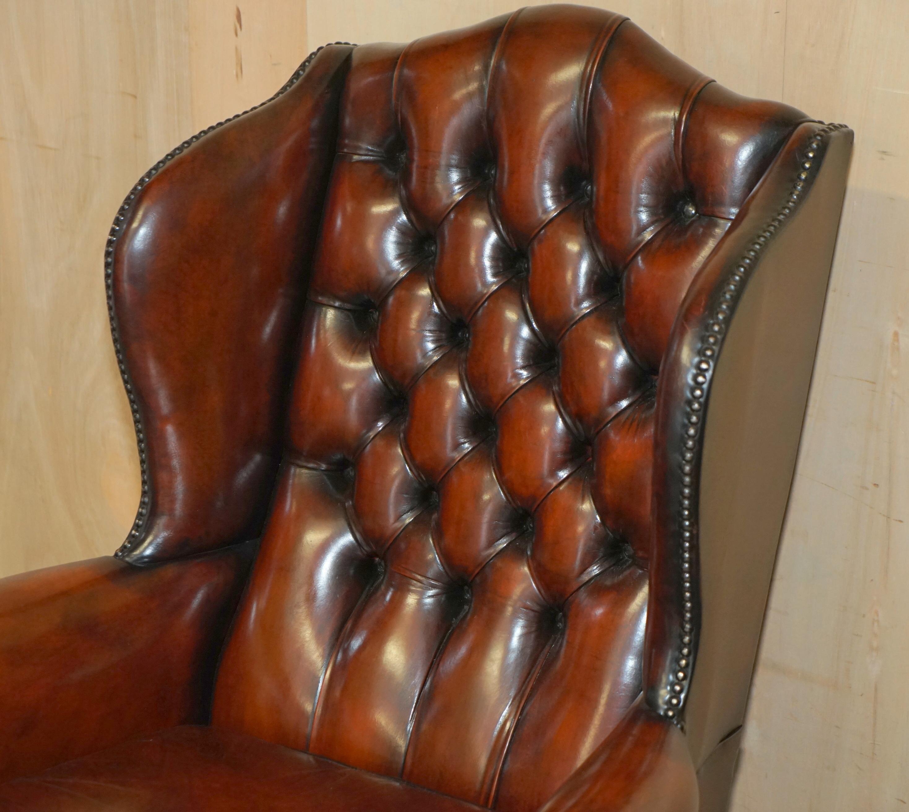 Hand-Crafted FINE PAIR OF RESTORED HAND DYED BORDEAUX LEATHER CHESTERFIELD WINGBACK ARMCHAIRs
