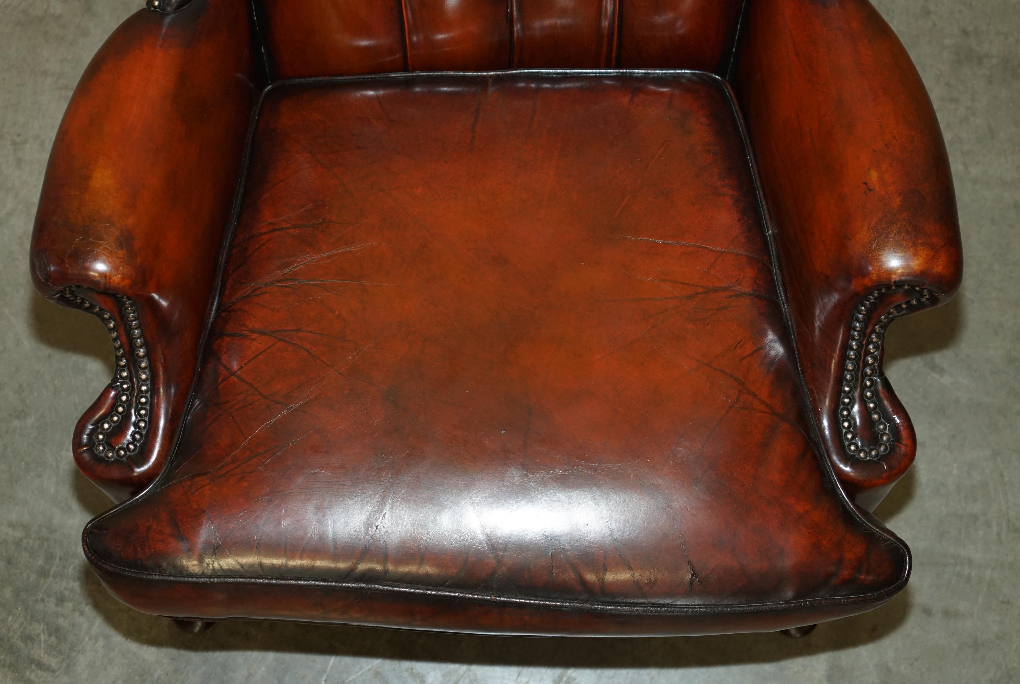 Leather FINE PAIR OF RESTORED HAND DYED BORDEAUX LEATHER CHESTERFIELD WINGBACK ARMCHAIRs
