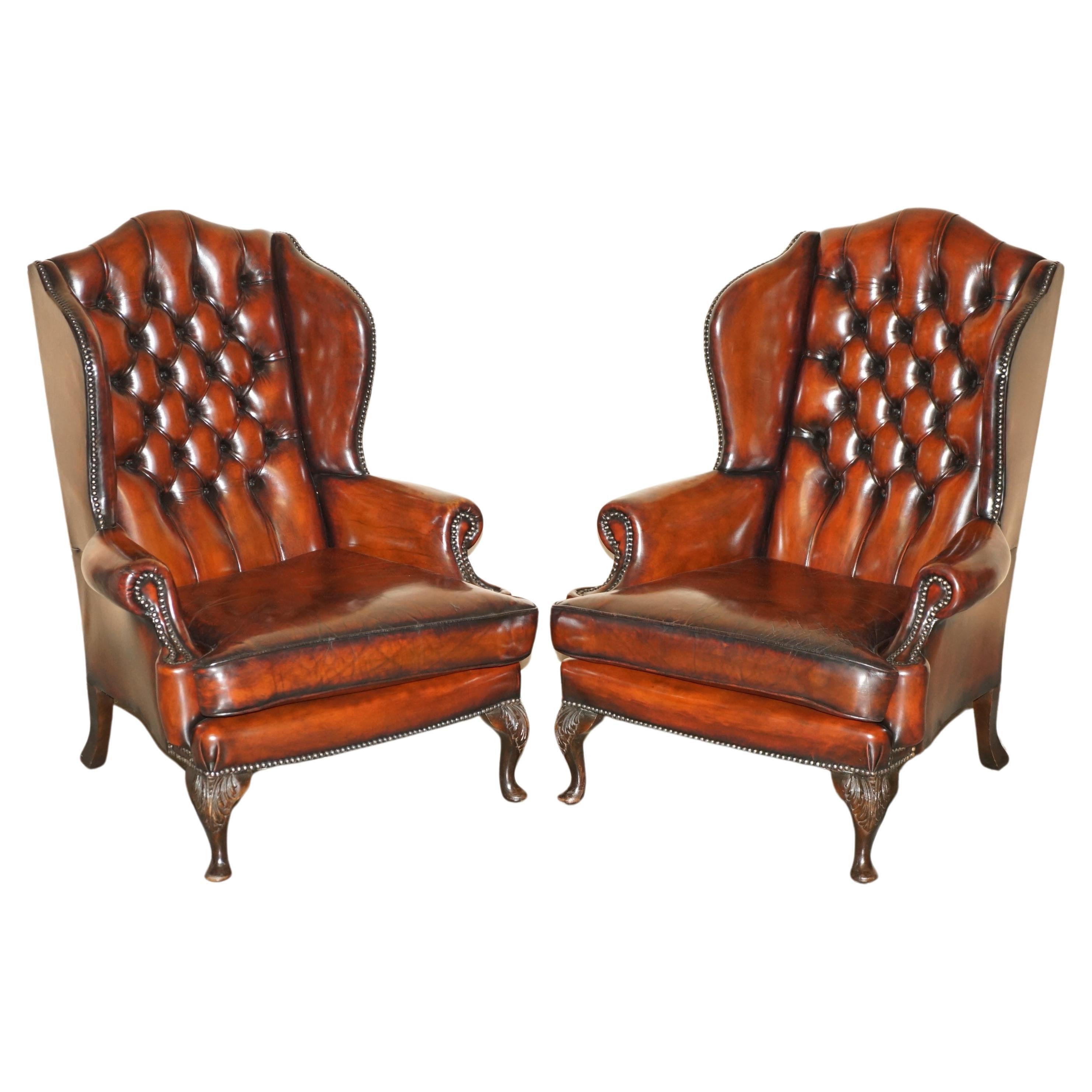 FINE PAIR OF RESTORED HAND DYED BORDEAUX LEATHER CHESTERFIELD WINGBACK ARMCHAIRs