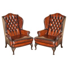 Antique FINE PAIR OF RESTORED HAND DYED BORDEAUX LEATHER CHESTERFIELD WINGBACK ARMCHAIRs