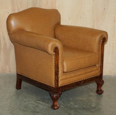 FINE PAIR OF RESTORED VICTORIAN CLAW & BALL FEET COGNAC BROWN LEATHER ARMCHAIRs