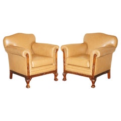FINE PAIR OF RESTORED VICTORIAN CLAW & BALL FEET COGNAC BROWN LEATHER ARMCHAIRs