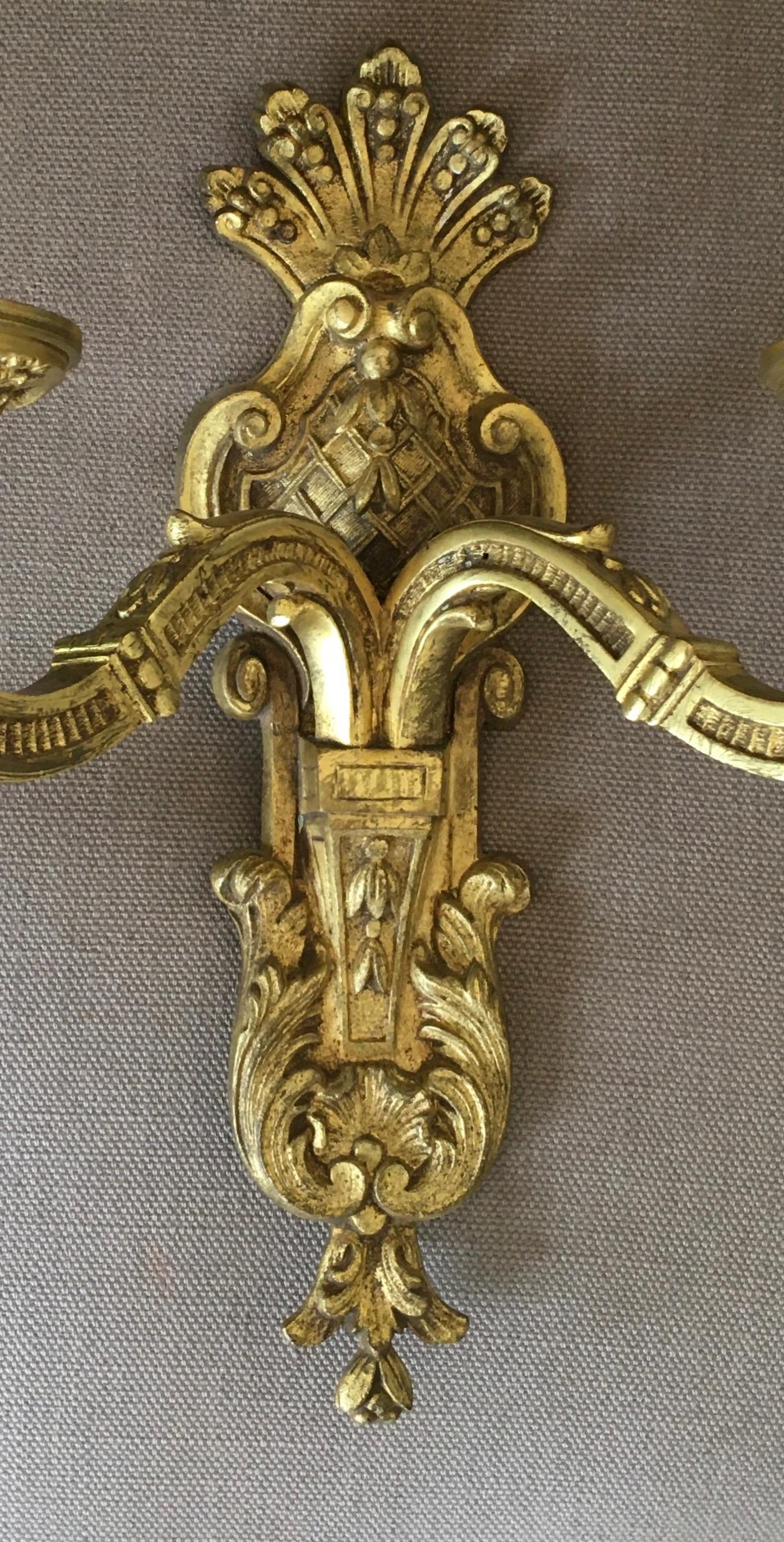 20th Century Fine Pair of Ritz Gilt Bronze Louis XIV Sconces by Maison Delisle, France For Sale