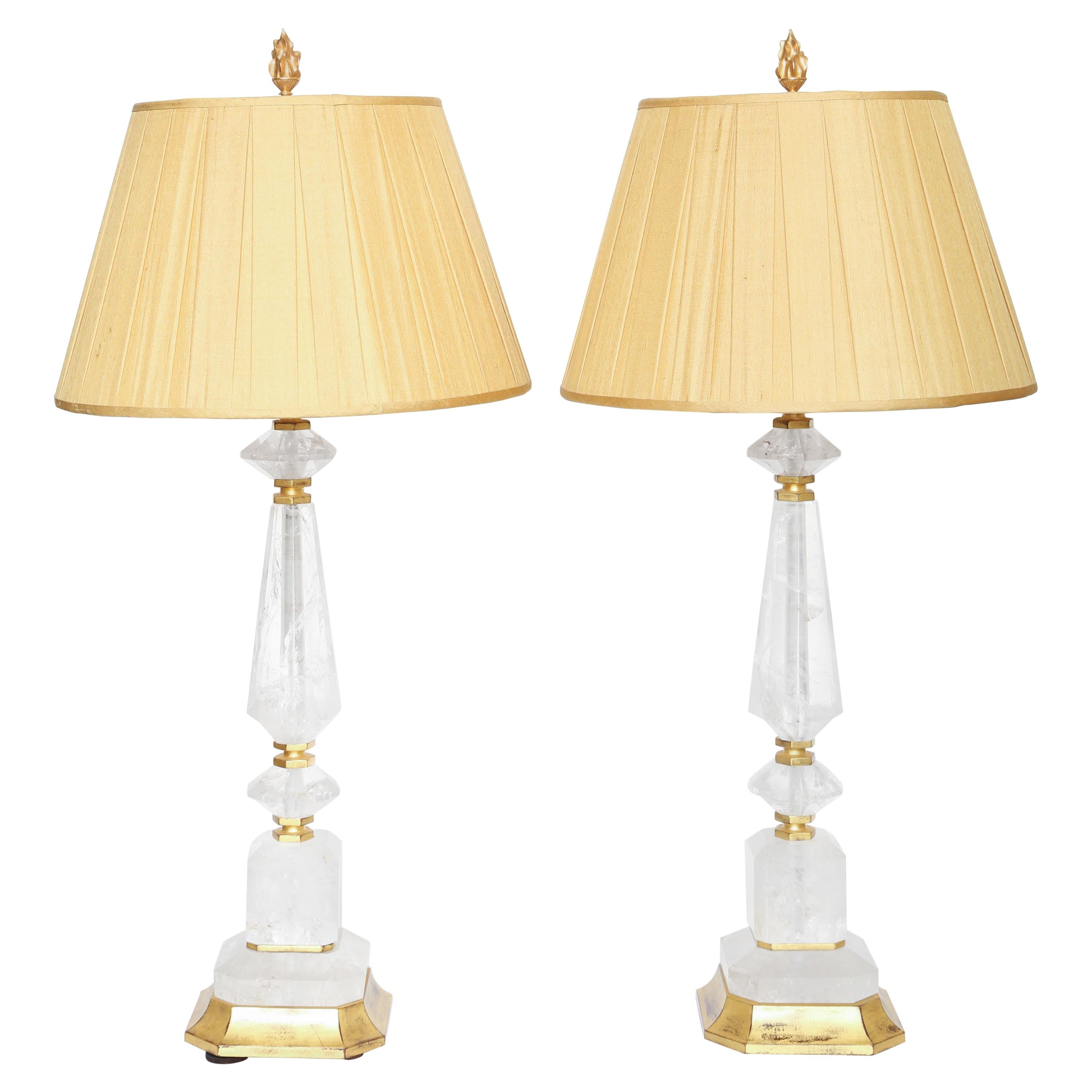 Fine Pair of Geometric-Shaped Rock Crystal and Giltwood Lamps (Shades separate)
