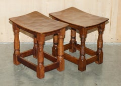 FiNE PAIR OF RTESTORED ORIGINAL 1930'S BURR OAK ROBERT MOUSEMAN THOMPSON STOOLS