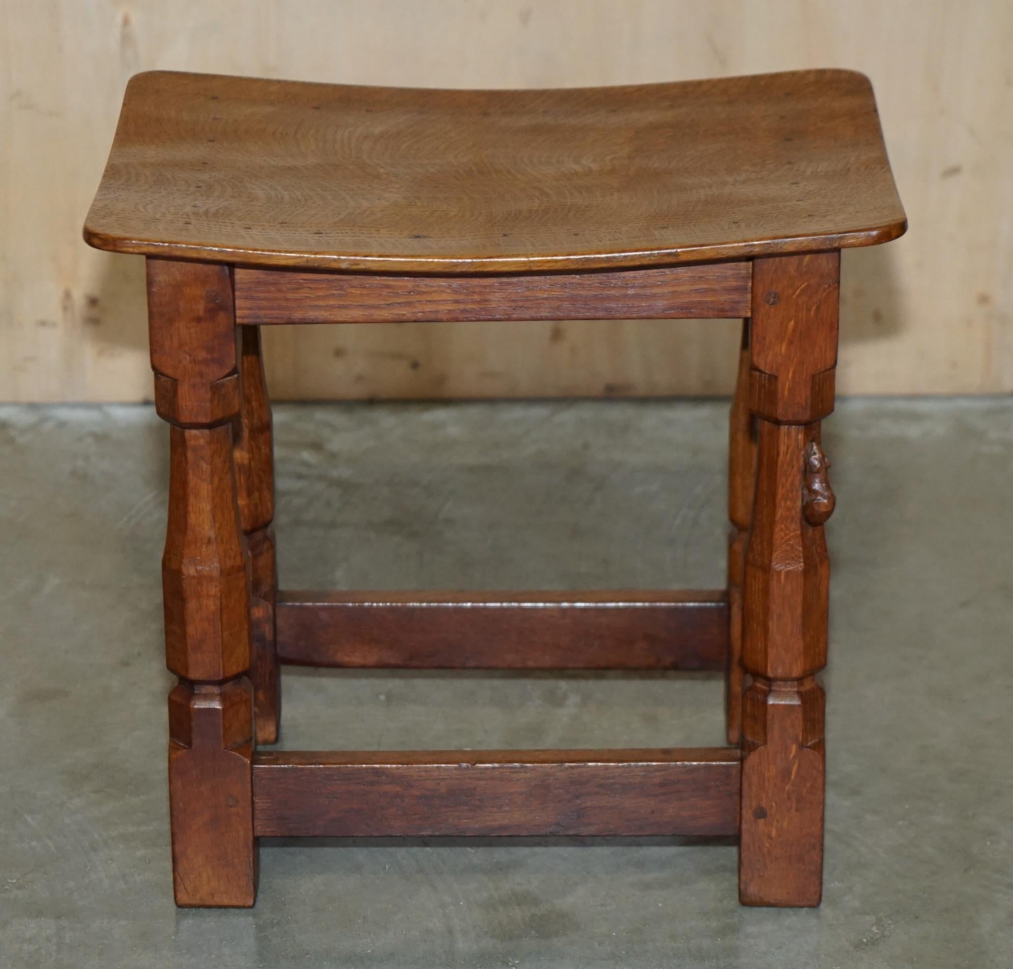 English FiNE PAIR OF RTESTORED ORIGINAL 1930'S BURR OAK ROBERT MOUSEMAN THOMPSON STOOLS For Sale