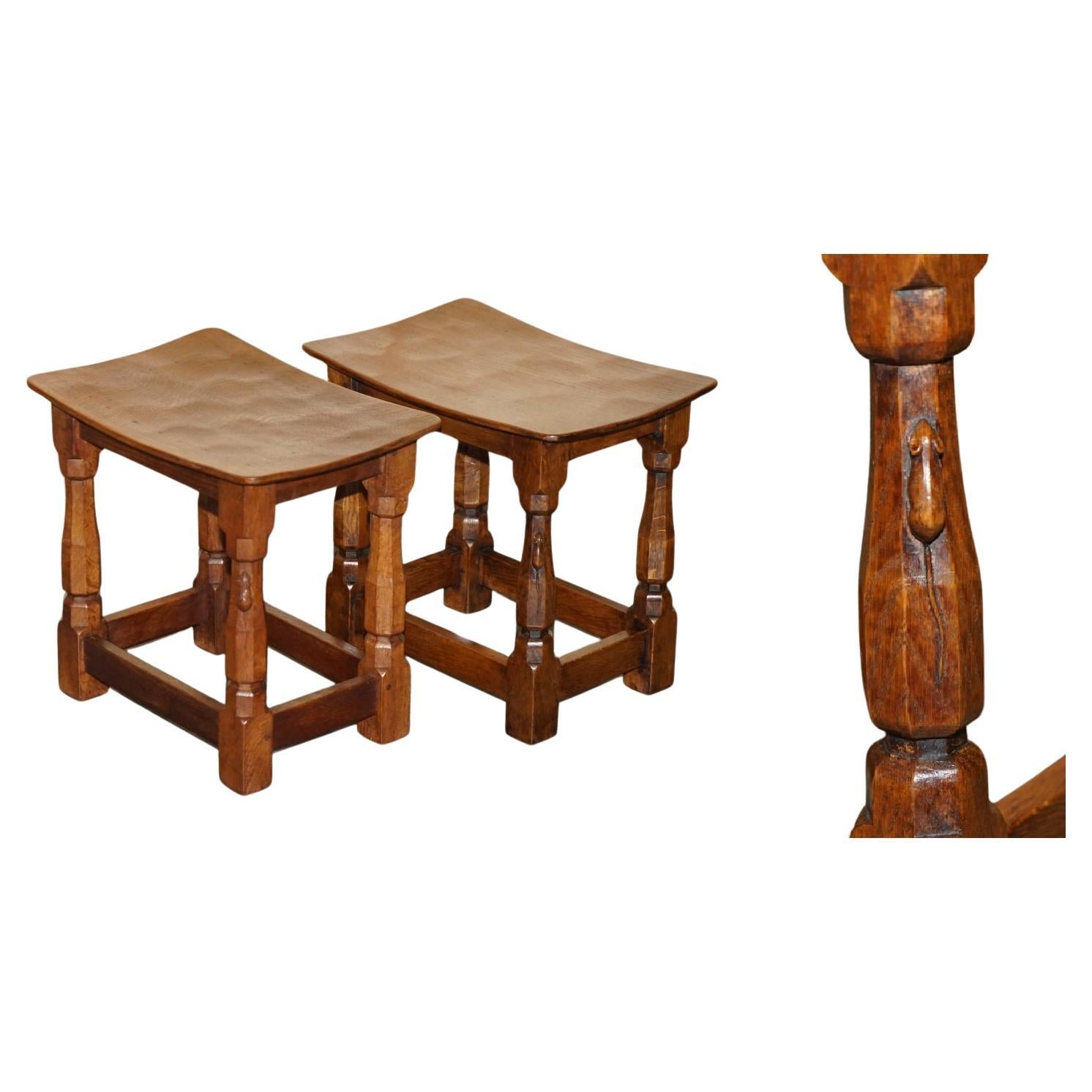 FiNE PAIR OF RTESTORED ORIGINAL 1930'S BURR OAK ROBERT MOUSEMAN THOMPSON STOOLS