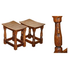 FiNE PAIR OF RTESTORED ORIGINAL 1930'S BURR OAK ROBERT MOUSEMAN THOMPSON STOOLS