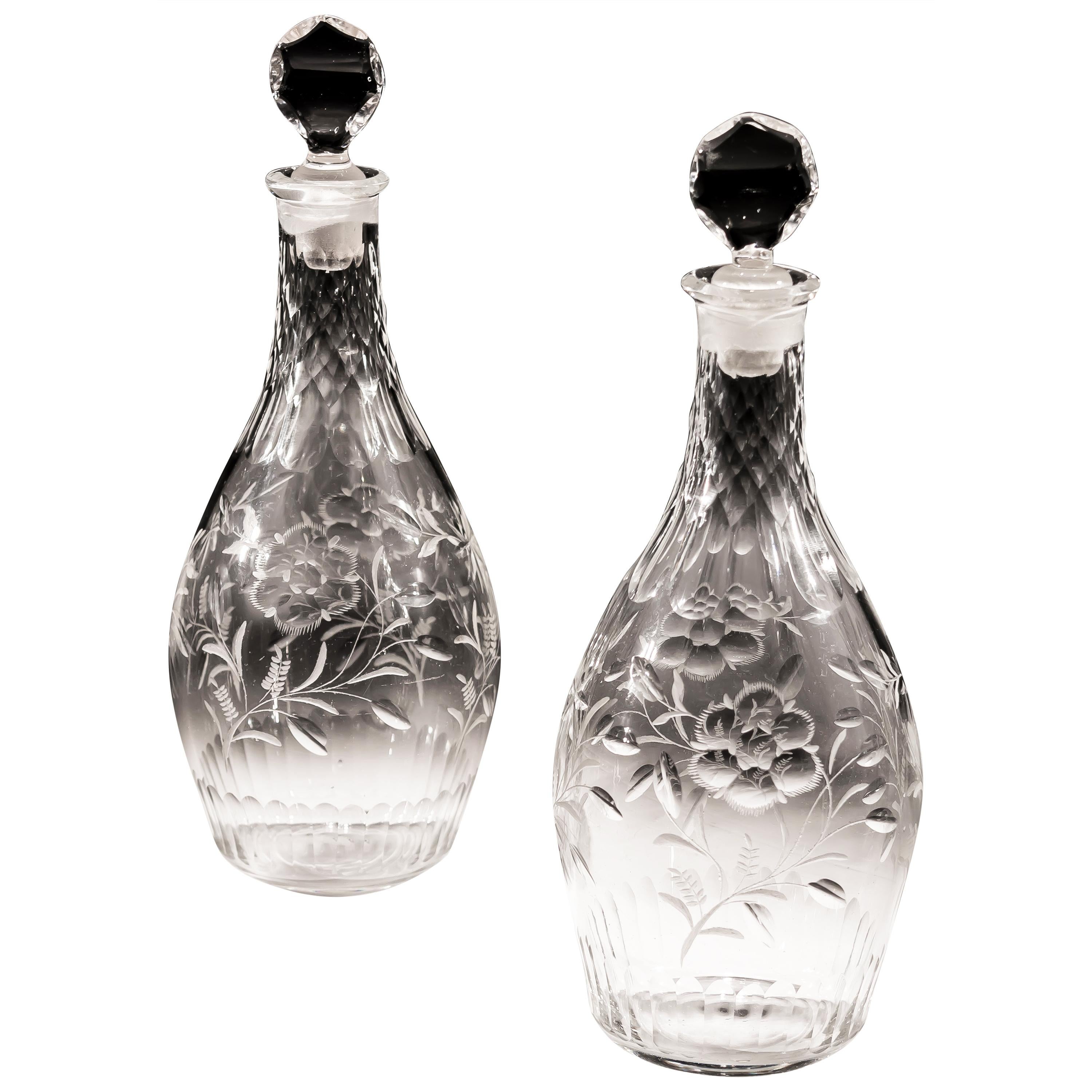 Fine Pair of Scale and Flute Cut Club Shaped Georgian Decanters For Sale