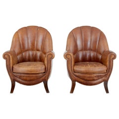 Antique Fine Pair of Scandinavian Art Deco Leather Armchairs