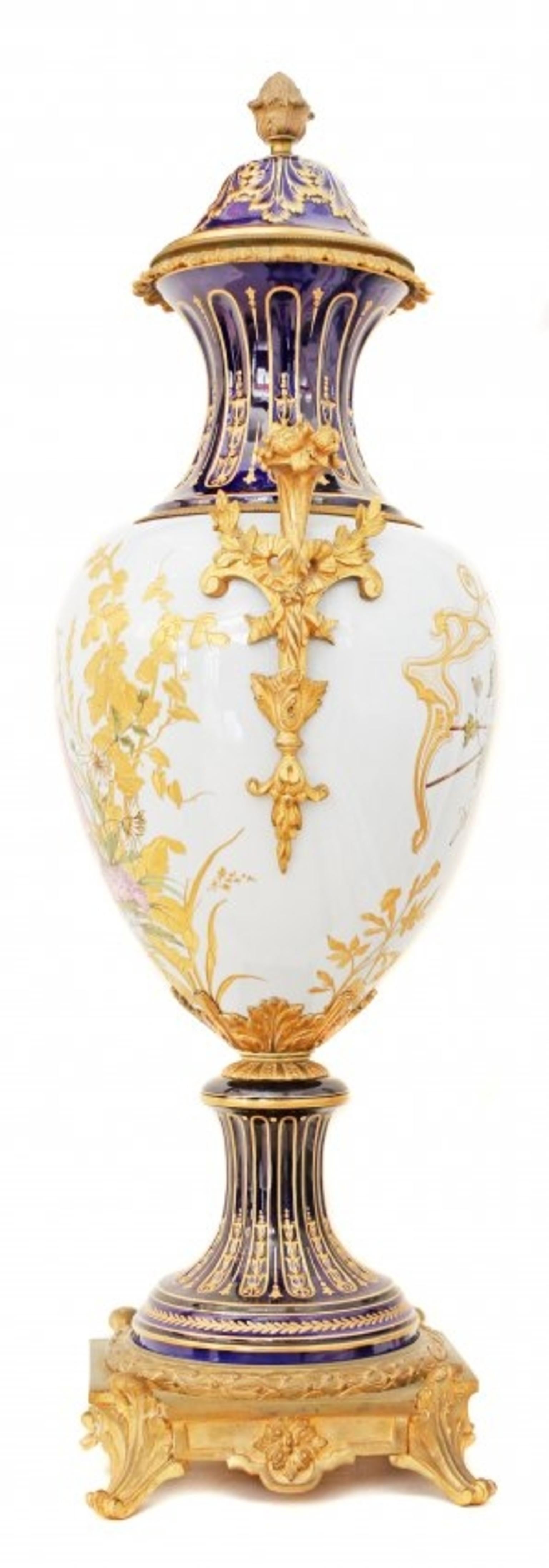 19th Century Fine Pair of Sevres Gilt Bronze-Mounted Painted, Parcel-Gilt Porcelain Vases For Sale