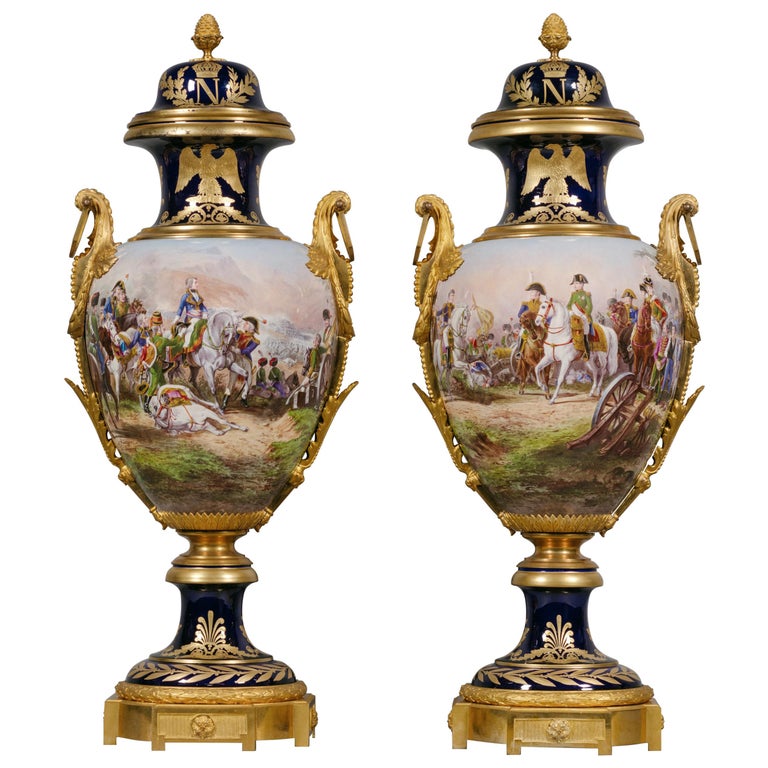 Fine Pair of Sèvresstyle Napoleonic Porcelain Vases For Sale at