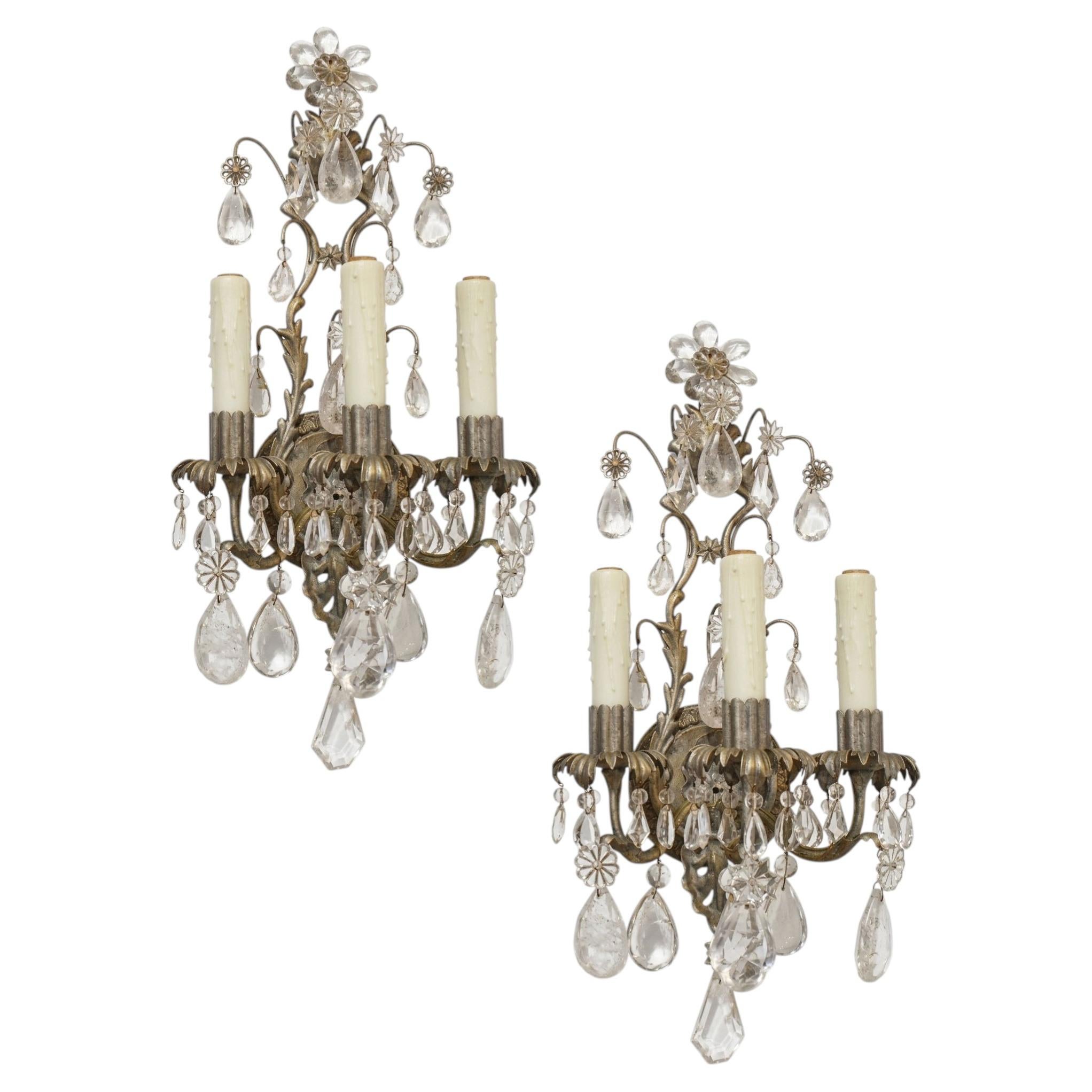Fine Pair of Silvered, Crystal and Rock Crystal Wall Sconces