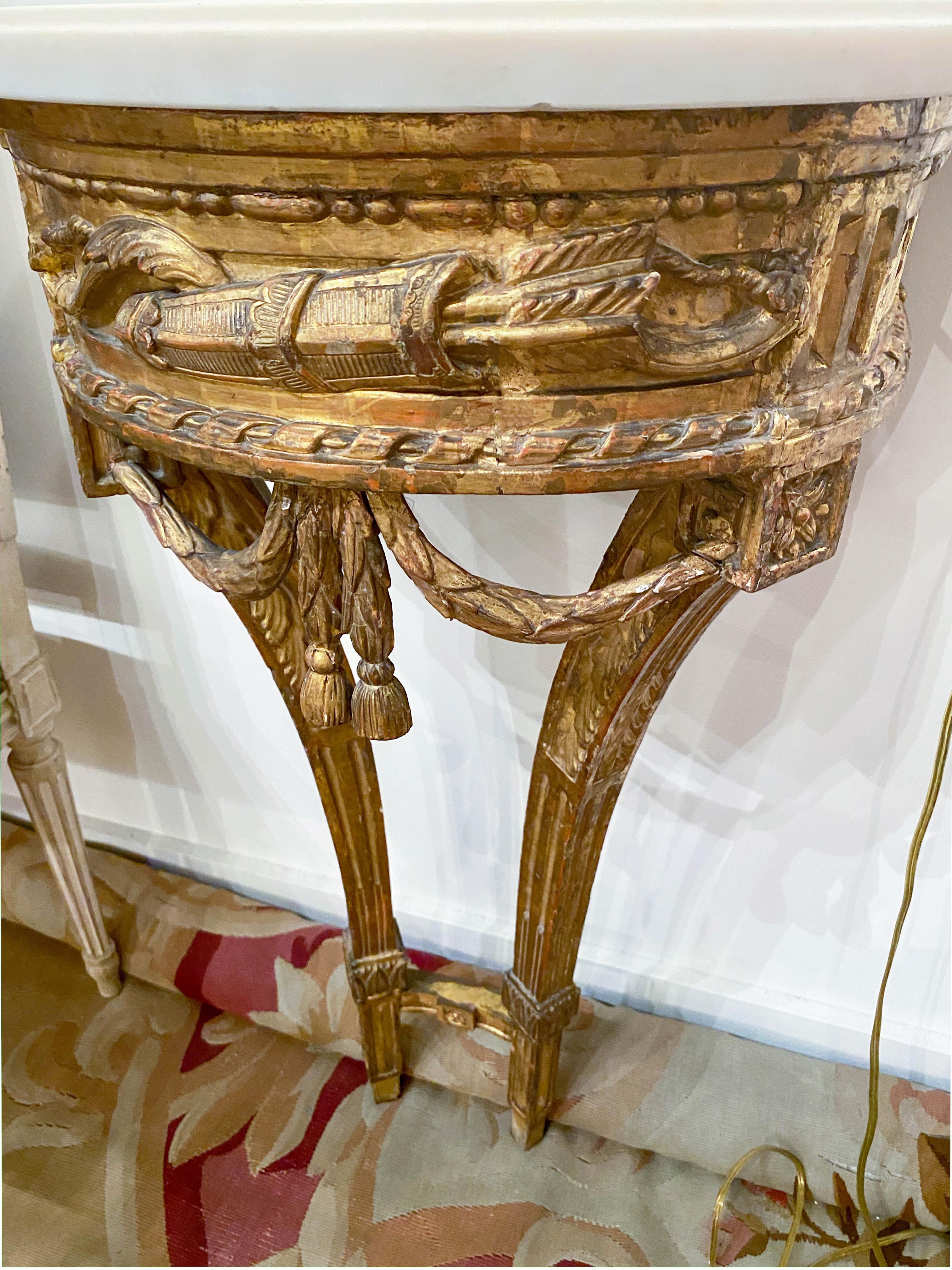 French Fine Pair of Small Louis XVI Carved Giltwood Console Tables