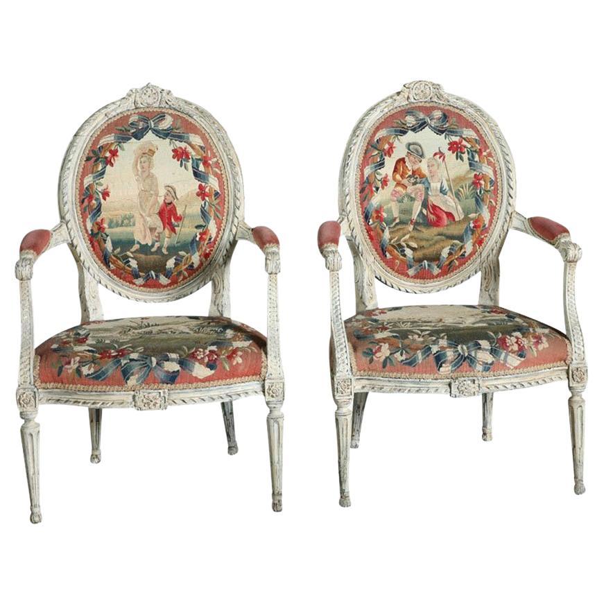 Fine Pair of Swedish Neoclassic Painted Armchairs For Sale