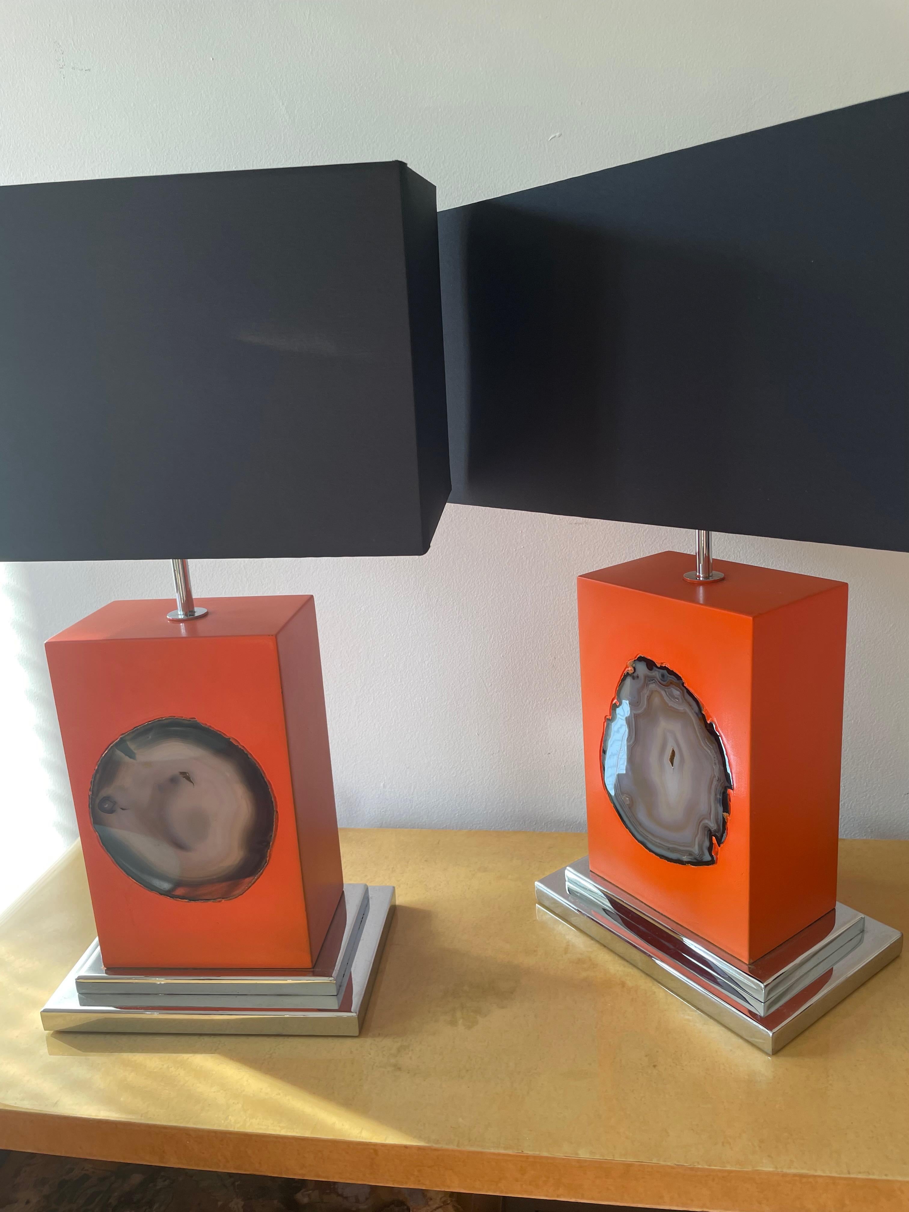 French Fine Pair of Table Lamps Presenting an Agate Attributed to Maison Jansen France. For Sale