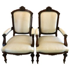 Fine Pair of Victorian Antique Carved Hardwood Library Chairs