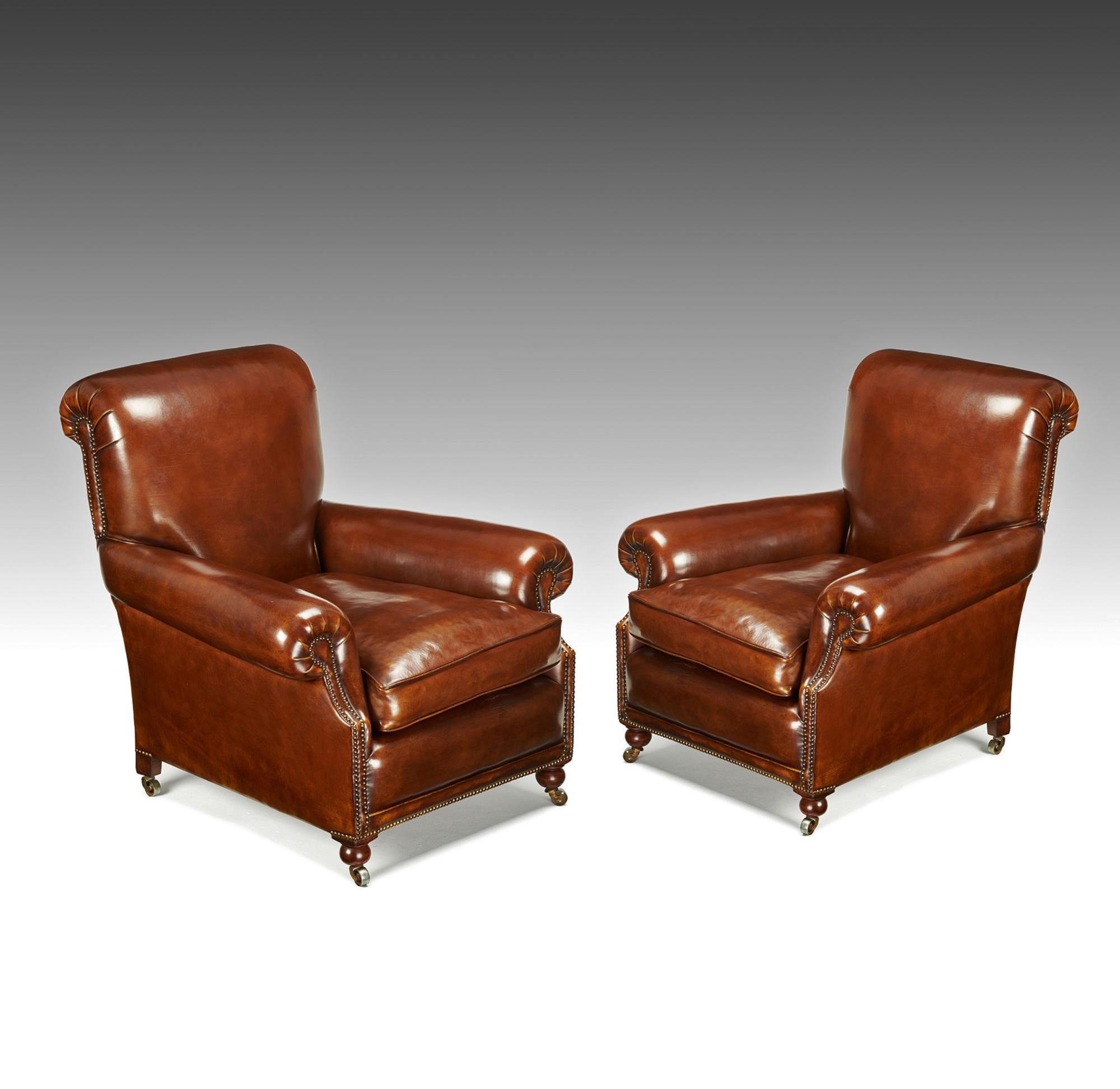 English Fine Pair of Victorian Antique Leather Club Chairs