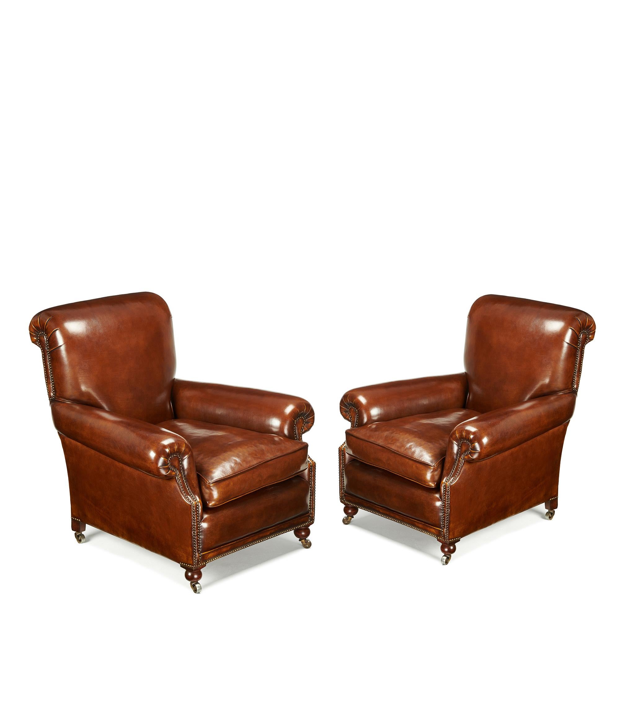 19th Century Fine Pair of Victorian Antique Leather Club Chairs