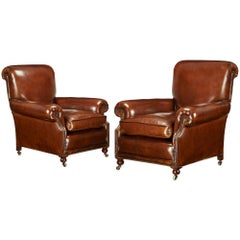 Fine Pair of Victorian Antique Leather Club Chairs