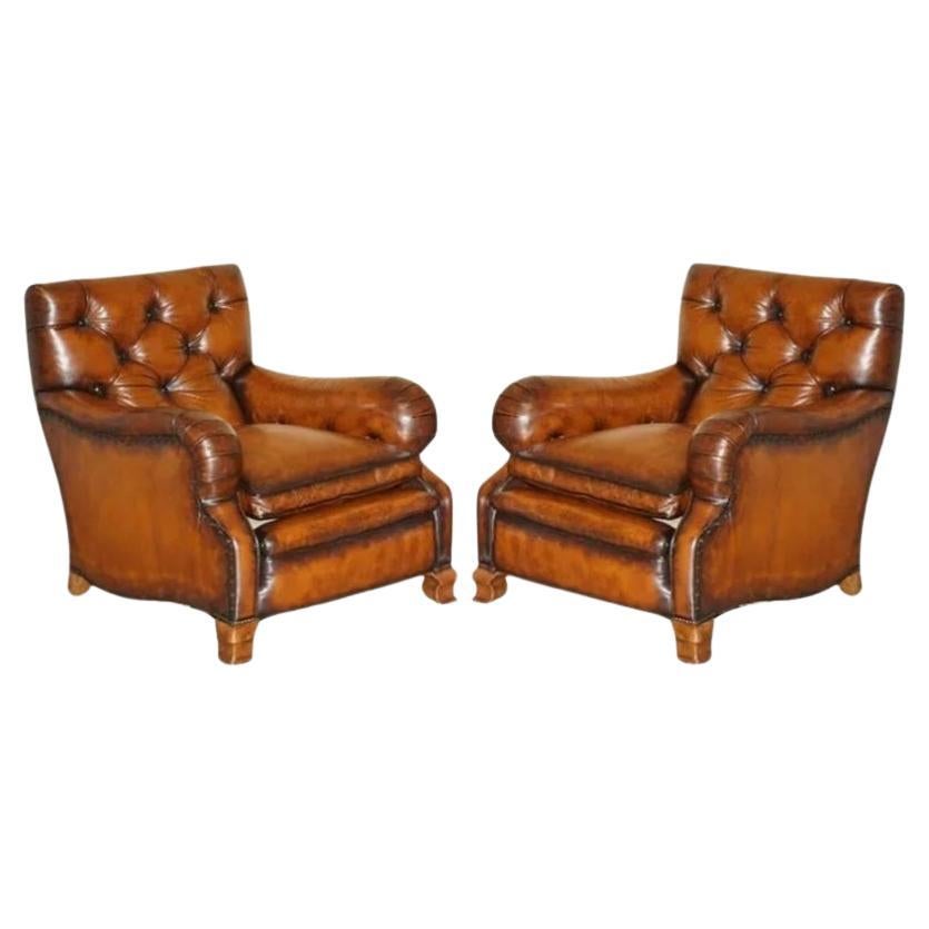 FINE PAIR OF VICTORIAN CHESTERFIELD BROWN LEATHER HOWARD & SON'S STYLE ARMCHAIRs