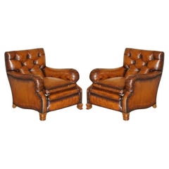 FINE PAIR OF VICTORIAN CHESTERFIELD BROWN LEATHER HOWARD & SON'S STYLE ARMCHAIRs