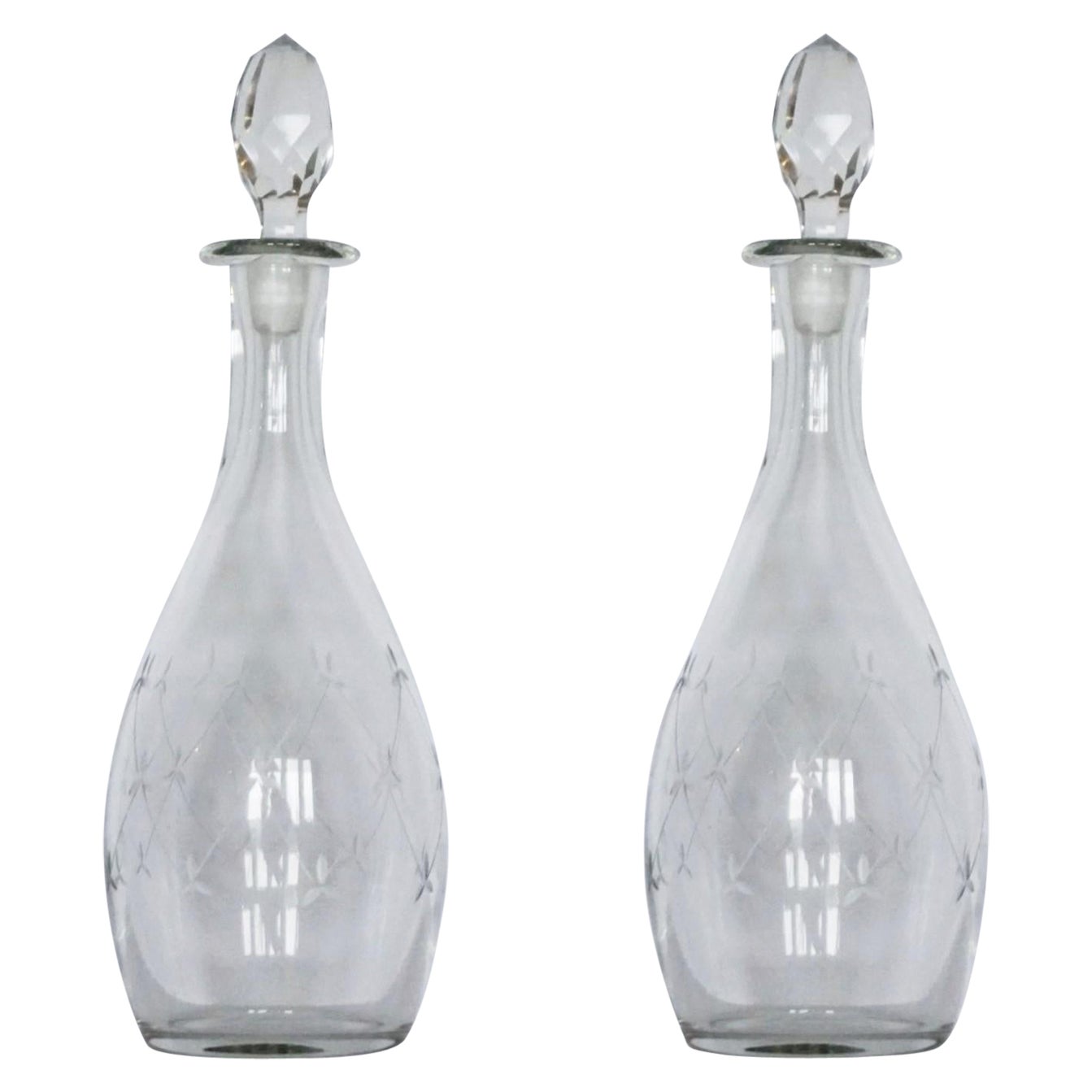 Fine Pair of Victorian Hand Blown Engraved Crystal Decanters, circa 1860-1870