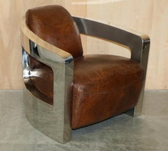 FINE PAIR OF VINTAGE ART DECO AVIATOR HERITAGE BROWN LEATHER & CHROME ARMCHAIRs