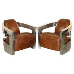 FINE PAIR OF VINTAGE ART DECO AVIATOR HERITAGE BROWN LEATHER & CHROME ARMCHAIRs