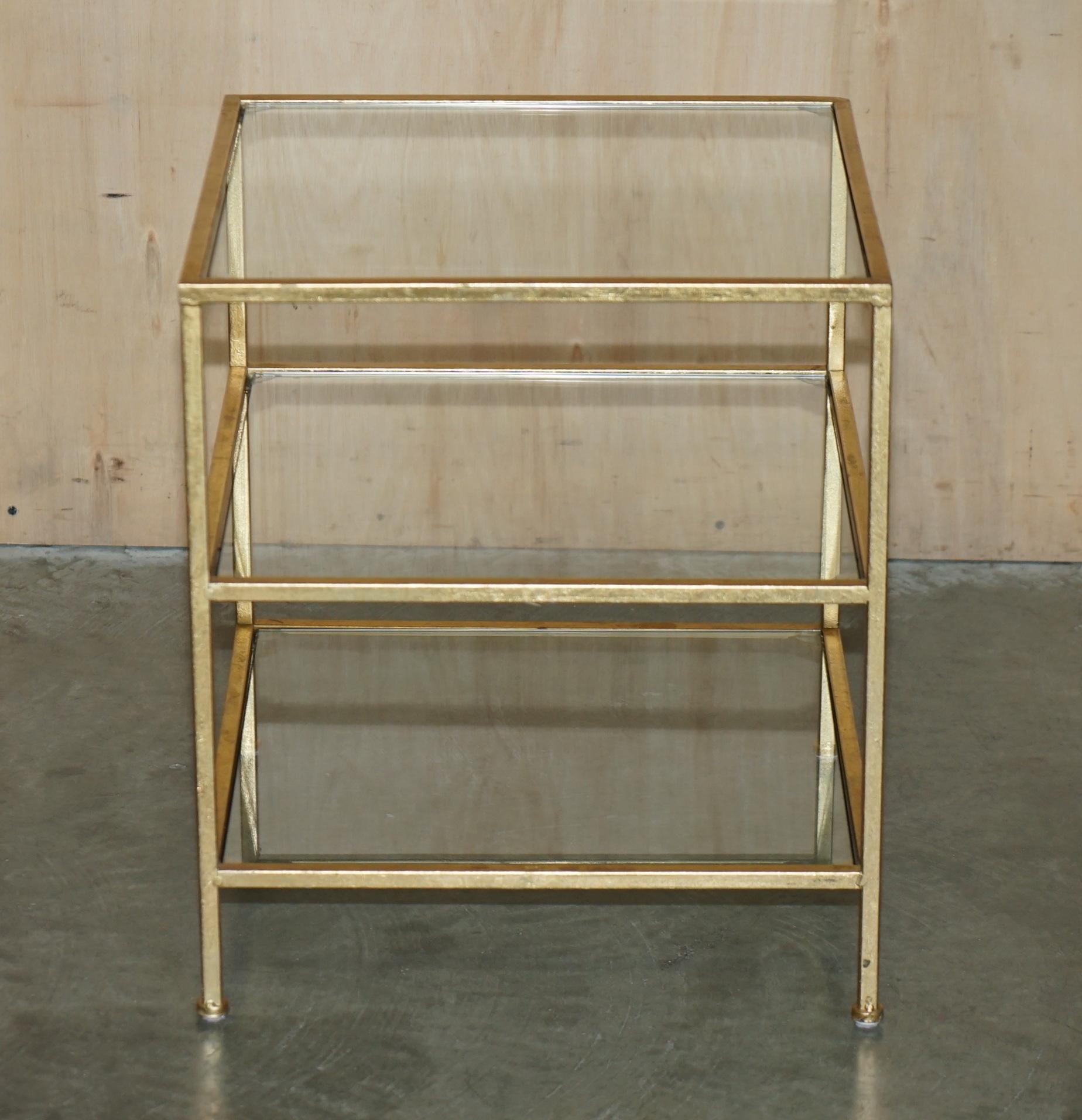 Mid-Century Modern FINE PAIR OF VINTAGE GOLD LEAF PAINTED & GLASS THREE TiER ETAGERE SIDE TABLES For Sale