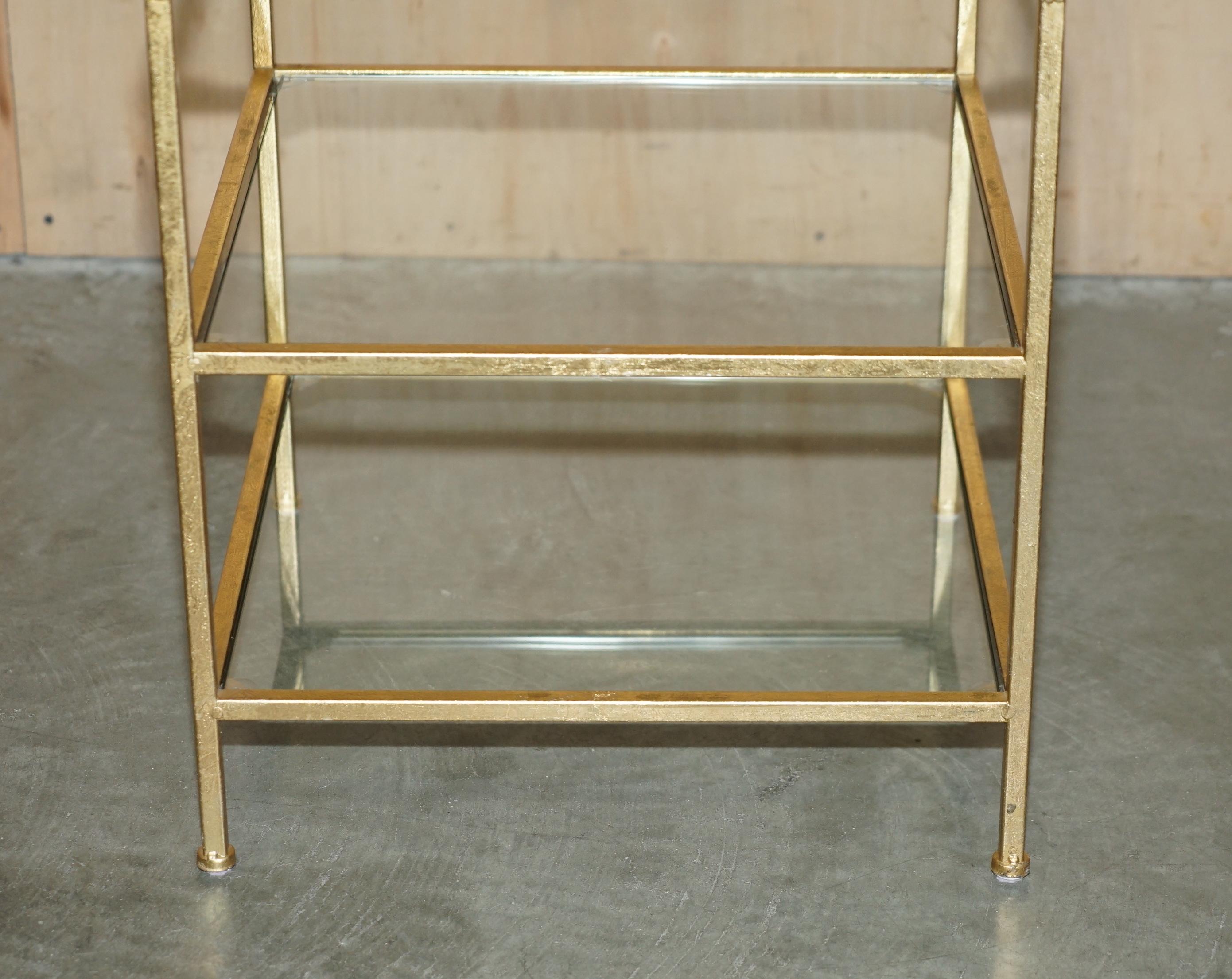 Late 20th Century FINE PAIR OF VINTAGE GOLD LEAF PAINTED & GLASS THREE TiER ETAGERE SIDE TABLES For Sale