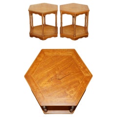 FINE PAIR OF VINTAGE HEXAGONAL SIDE END TABLES WITH CHIPPENDALE BAMBOO PILLARs
