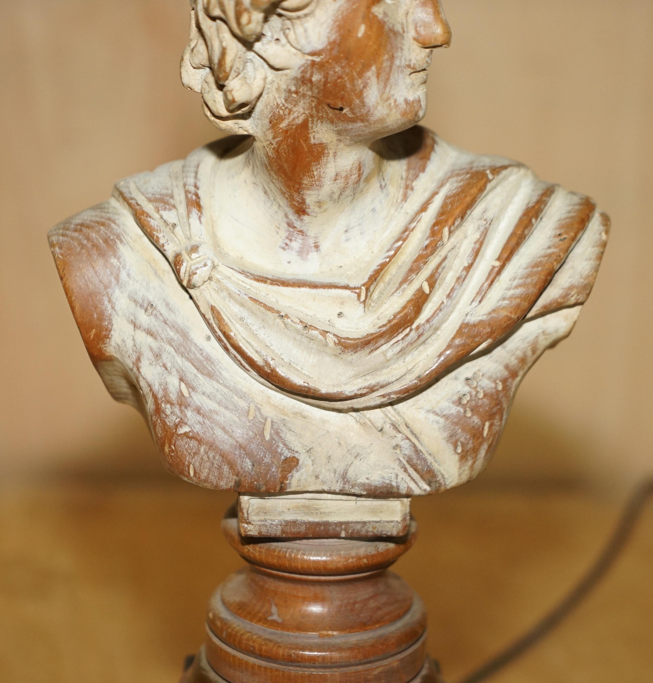 20th Century Fine Pair of Vintage Neoclassical French Carved Wood Limed Oak Bust Lamps For Sale