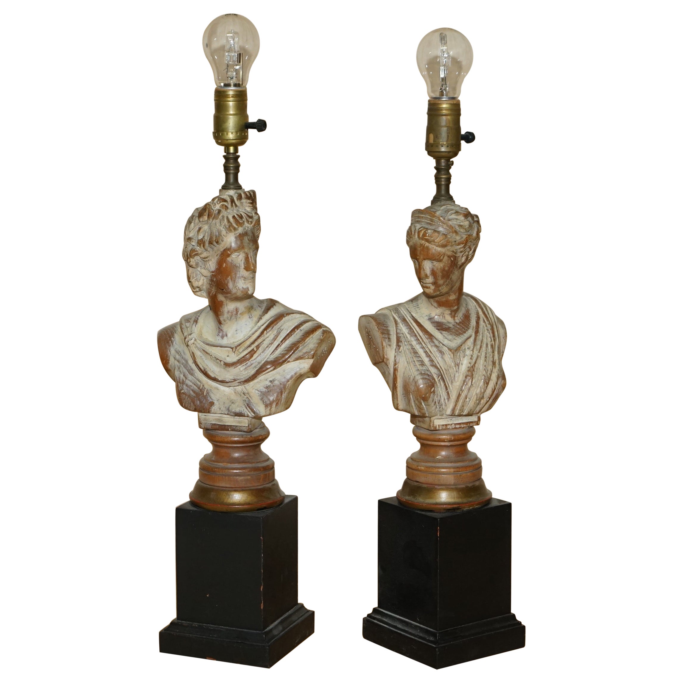 Fino par de lámparas de busto neoclásicas francesas de época talladas en madera de roble encalado en venta