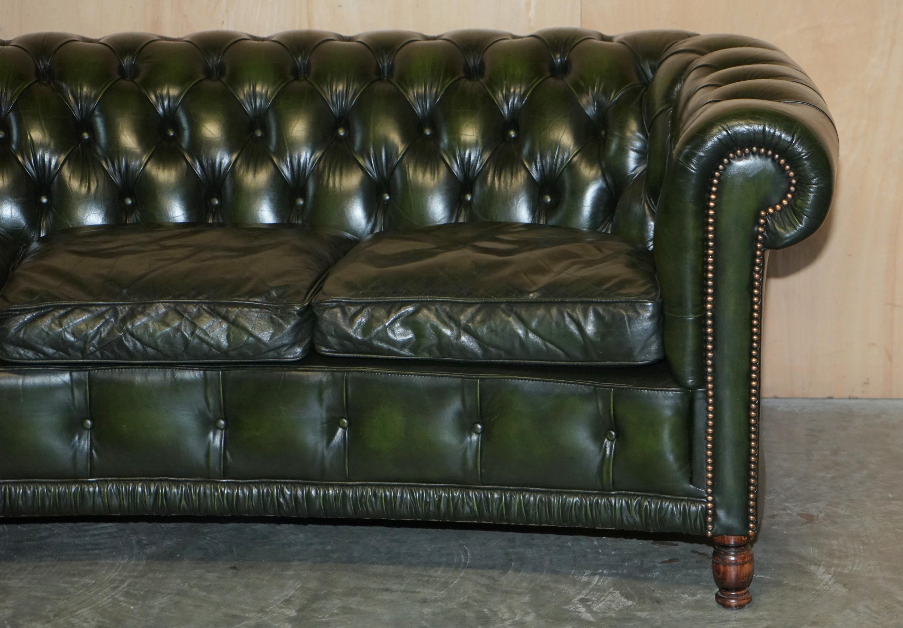 20th Century Fine Pair of Vintage Regency Green Leather Serpentine Fronted Chesterfield Sofas