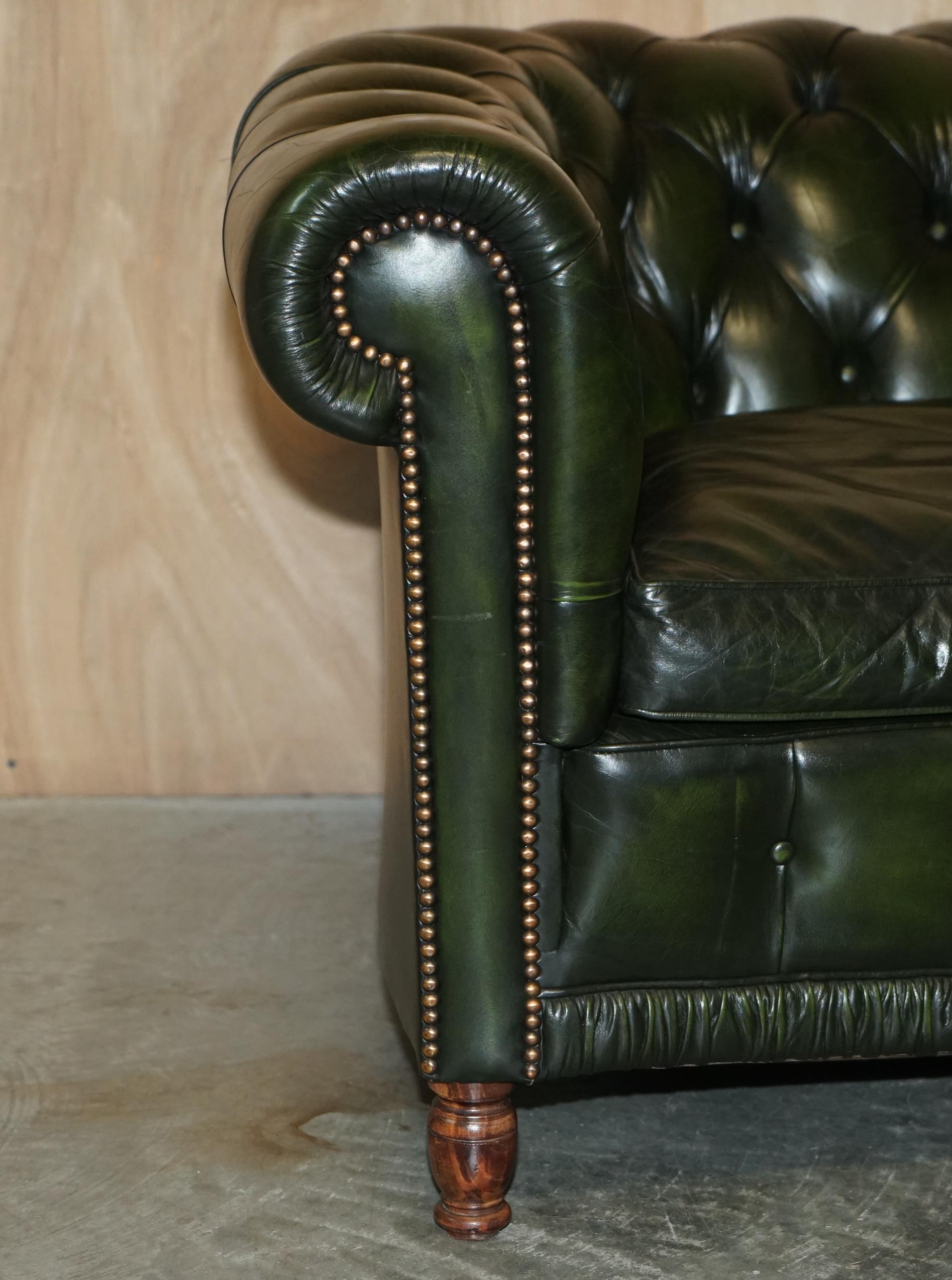 20th Century Fine Pair of Vintage Regency Green Leather Serpentine Fronted Chesterfield Sofas