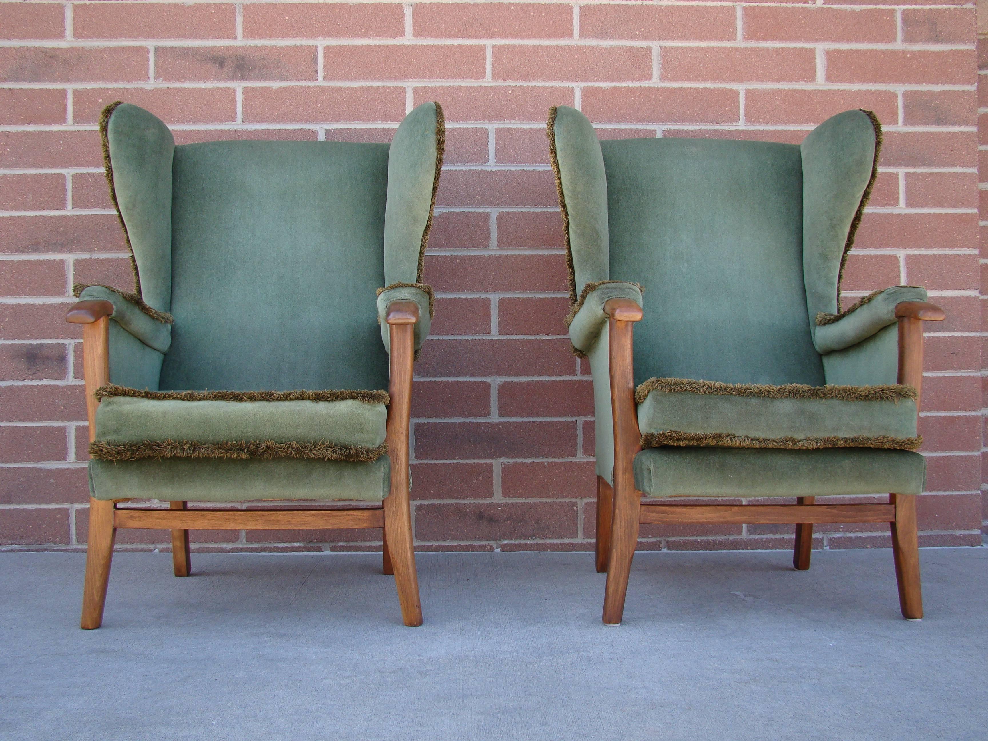 Fine Pair of Vintage Scandinavian Wingback Chairs with Exposed Walnut Detail For Sale 4